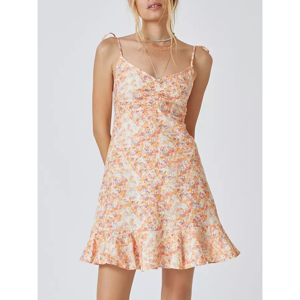 NWT Cloth & Stone Linen Floral Mini Dress Small Anthropologie Tie Strap Smocked
